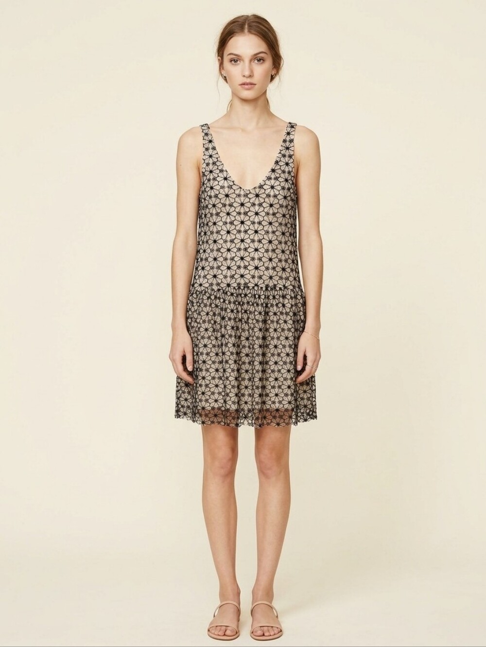 Free People Black and Cream Sheer Floral Lace Midi Dress XS